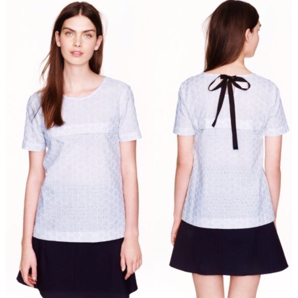 J. Crew Seersucker Eyelet Cotton Top Blue Ribbon Tie Crochet A2612 Size 00